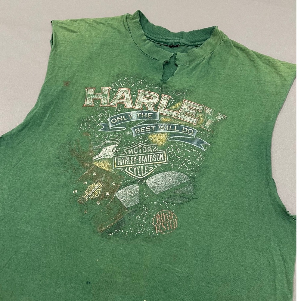 Vintage 90s Harley Davidson Distressed Muscle Tee Green  Cut Off